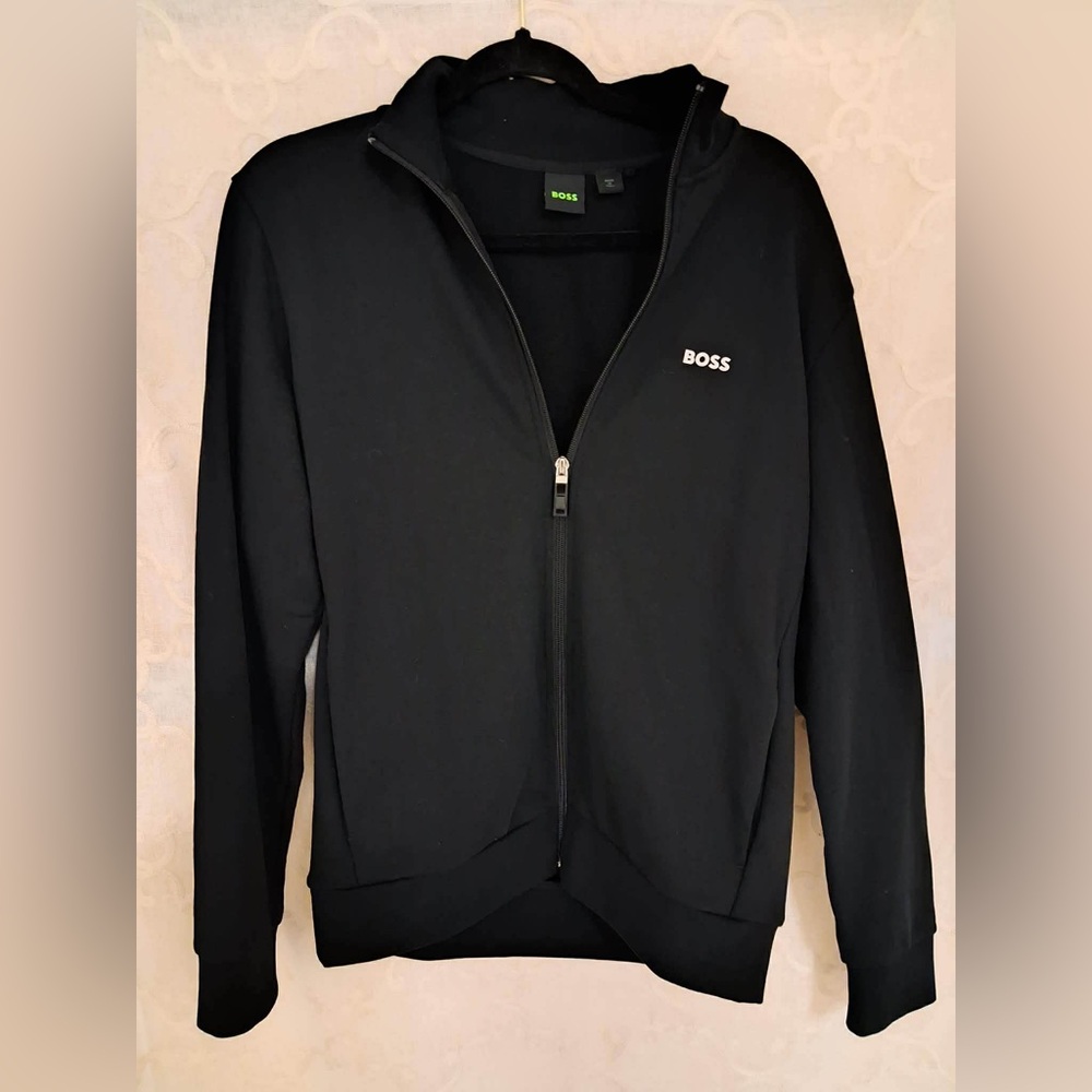 HUGO BOSS MEN’S STRETCH-COTTON ZIP-UP SWEATSHIRT WITH LOGO BLACK SIZE SMALL
